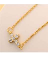 Cubic Zirconia Inlaid Cross Pendant Korean Fashion Women Copper Necklace - Golden
