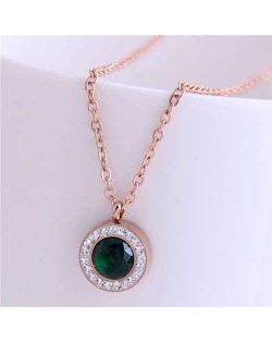 Czech Rhinestone Inlaid Round Pendant Elegant Fashion Women Titanium Stainless Steel Necklace - Green