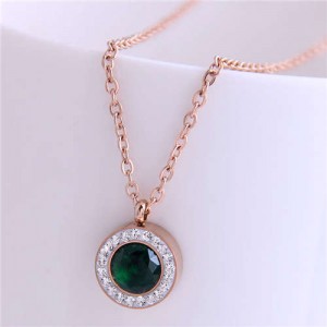 Czech Rhinestone Inlaid Round Pendant Elegant Fashion Women Titanium Stainless Steel Necklace - Green