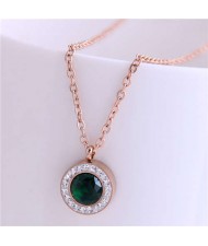 Czech Rhinestone Inlaid Round Pendant Elegant Fashion Women Titanium Stainless Steel Necklace - Green