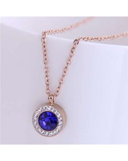 Czech Rhinestone Inlaid Round Pendant Elegant Fashion Women Titanium Stainless Steel Necklace - Blue