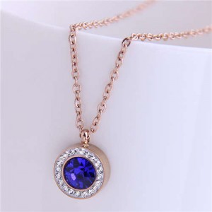 Czech Rhinestone Inlaid Round Pendant Elegant Fashion Women Titanium Stainless Steel Necklace - Blue