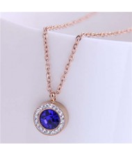 Czech Rhinestone Inlaid Round Pendant Elegant Fashion Women Titanium Stainless Steel Necklace - Blue