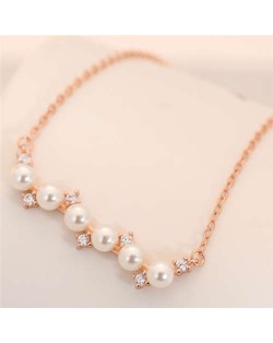 Pearl and Czech Rhinestone Embellished Pendant Korean Fashion Women Costume Necklace - Rose Gold