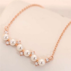Pearl and Czech Rhinestone Embellished Pendant Korean Fashion Women Costume Necklace - Rose Gold