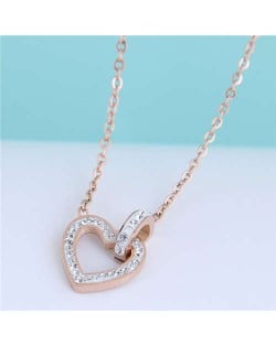 Linked Hearts Design Shining Fashion Women Titanium Stainless Steel Costume Necklace