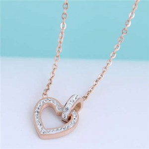 Linked Hearts Design Shining Fashion Women Titanium Stainless Steel Costume Necklace