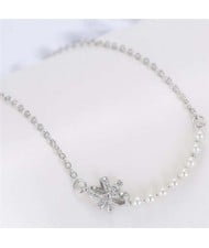 Pearl and Bowknot Combo Korean Fashion Unique Design Women Fashion Necklace - Silver