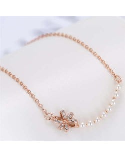 Pearl and Bowknot Combo Korean Fashion Unique Design Women Fashion Necklace - Rose Gold