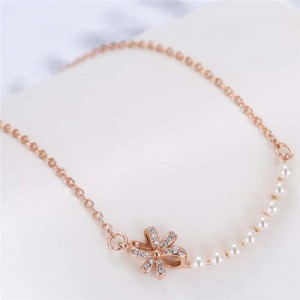 Pearl and Bowknot Combo Korean Fashion Unique Design Women Fashion Necklace - Rose Gold