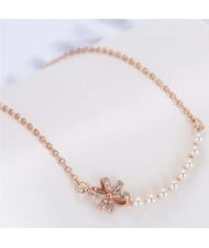 Pearl and Bowknot Combo Korean Fashion Unique Design Women Fashion Necklace - Rose Gold