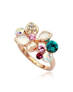 Elegent Flower With Colorful Crystal Decorated 18K Rose Gold Finger Ring