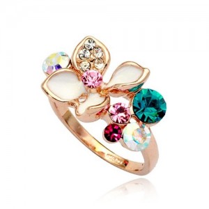 Elegent Flower With Colorful Crystal Decorated 18K Rose Gold Finger Ring