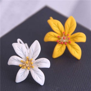 White and Yellow Flower High Fashion Asymmetric Design Women Stud Earrings
