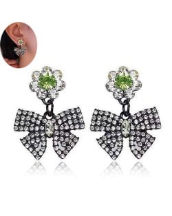 Rhinestone Embellished Bowknot Design Korean Fashion Green Women Stud Earrings