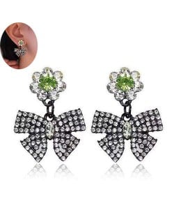 Rhinestone Embellished Bowknot Design Korean Fashion Green Women Stud Earrings