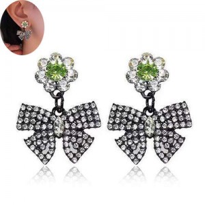 Rhinestone Embellished Bowknot Design Korean Fashion Green Women Stud Earrings