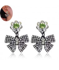 Rhinestone Embellished Bowknot Design Korean Fashion Green Women Stud Earrings