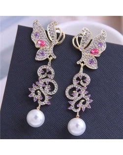 Artificial Pearl Decorated Rhinestone Shining Butterfly Design Women Fashion Earrings