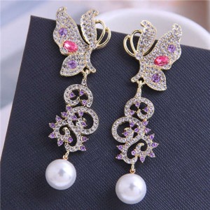 Artificial Pearl Decorated Rhinestone Shining Butterfly Design Women Fashion Earrings