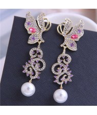 Artificial Pearl Decorated Rhinestone Shining Butterfly Design Women Fashion Earrings
