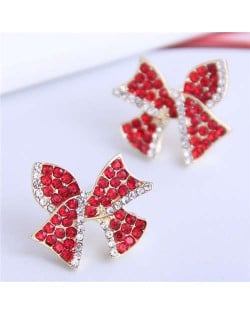 Red Rhinestone Bowknot Design Korean Fashion Women Alloy Stud Earrings