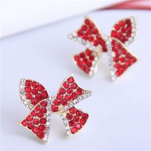 Red Rhinestone Bowknot Design Korean Fashion Women Alloy Stud Earrings