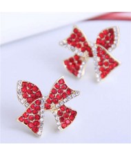 Red Rhinestone Bowknot Design Korean Fashion Women Alloy Stud Earrings