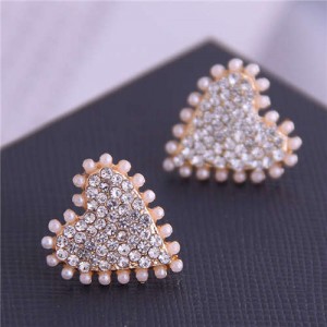 Artificial Pearl and Rhinestone Embellished Heart Shape High Fashion Women Stud Earrings