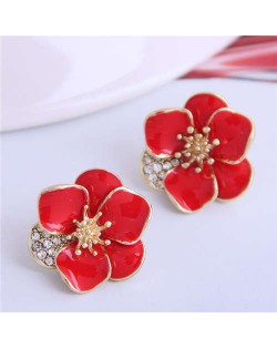Rhinestone Inlaid Enamel Flower Korean Fashion Women Stud Earrings - Red