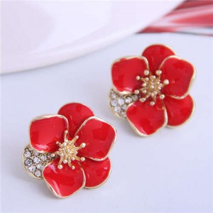 Rhinestone Inlaid Enamel Flower Korean Fashion Women Stud Earrings - Red