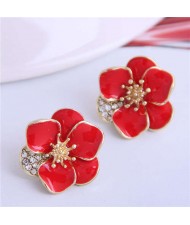 Rhinestone Inlaid Enamel Flower Korean Fashion Women Stud Earrings - Red