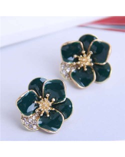 Rhinestone Inlaid Enamel Flower Korean Fashion Women Stud Earrings - Ink Green