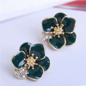 Rhinestone Inlaid Enamel Flower Korean Fashion Women Stud Earrings - Ink Green