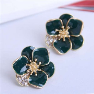 Rhinestone Inlaid Enamel Flower Korean Fashion Women Stud Earrings - Ink Green
