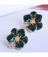 Rhinestone Inlaid Enamel Flower Korean Fashion Women Stud Earrings - Ink Green