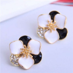 Rhinestone Inlaid Enamel Flower Korean Fashion Women Stud Earrings - Black
