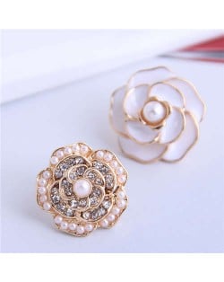 Pearl and Rhinestone Inlaid Flower Asymmetric Design Enamel Women Stud Earrings - White