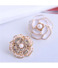 Pearl and Rhinestone Inlaid Flower Asymmetric Design Enamel Women Stud Earrings - White