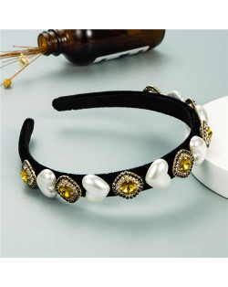 Heart Pearl and Rhinestone Embellished Glistening Baroque Fashion Women Headband - Yellow