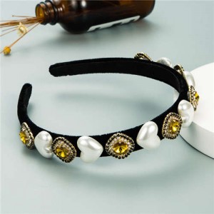 Heart Pearl and Rhinestone Embellished Glistening Baroque Fashion Women Headband - Yellow