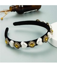 Heart Pearl and Rhinestone Embellished Glistening Baroque Fashion Women Headband - Yellow