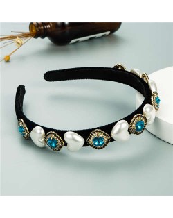 Heart Pearl and Rhinestone Embellished Glistening Baroque Fashion Women Headband - Blue