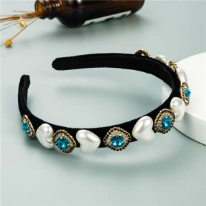 Heart Pearl and Rhinestone Embellished Glistening Baroque Fashion Women Headband - Blue