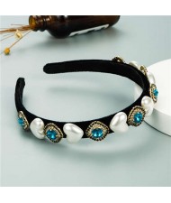 Heart Pearl and Rhinestone Embellished Glistening Baroque Fashion Women Headband - Blue