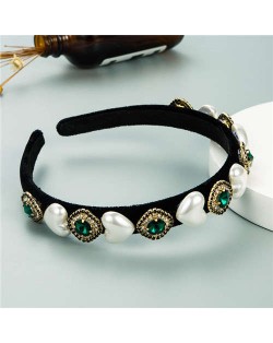 Heart Pearl and Rhinestone Embellished Glistening Baroque Fashion Women Headband - Green