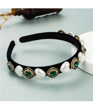 Heart Pearl and Rhinestone Embellished Glistening Baroque Fashion Women Headband - Green