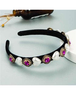 Heart Pearl and Rhinestone Embellished Glistening Baroque Fashion Women Headband - Rose