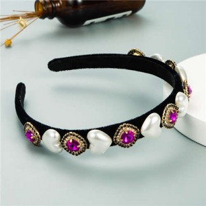 Heart Pearl and Rhinestone Embellished Glistening Baroque Fashion Women Headband - Rose