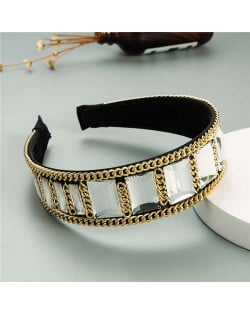 Square Glass Gem and Golden Chain Embellished Women Headband - White
